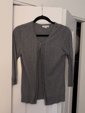 New York & Company Gray Button-Front V-Neck Cardigan